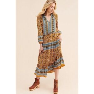 Boho Floral Tiered Midi Dress in Mustard Blue